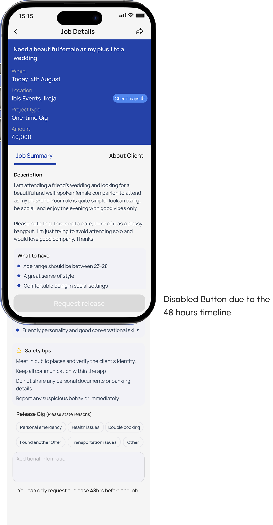 Hustle app Job Details page — Job Summary showing the gig description, requirements and safety tips